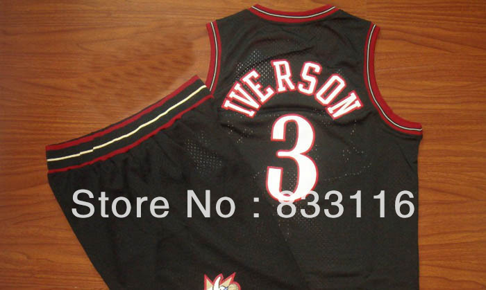 최고 품질의 저지 자수 로고 앨런 아이버슨 3 농구 정장 (저지 + 반바지) 블랙 화이트 48-54 / M-XXL 설정/,Top quality Jersey Embroidery logo Allen Iverson 3 Basketball Suit Set(Jersey